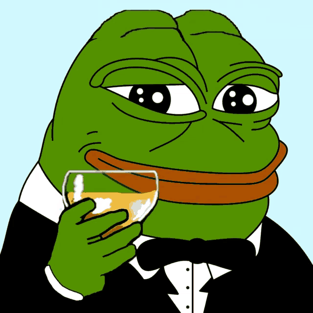 Pepe in a tuxedo holding up a glass of champagne